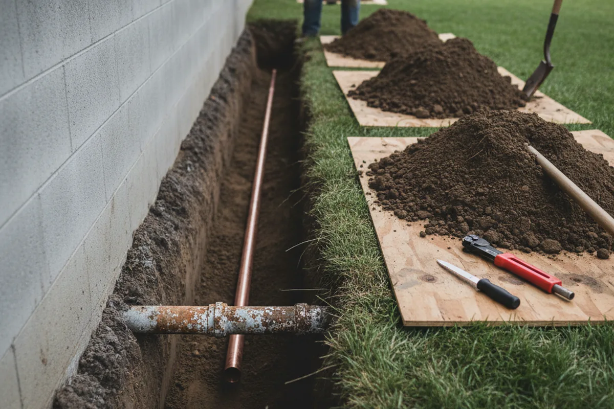 Excavated water line trench during Water Softener Installation in Bartlett